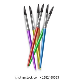 Paint brushes different rainbow colors, Set of realistic brushes on white background, vector illustration