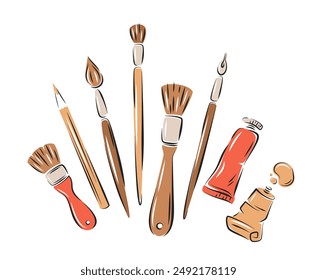 Paint brushes for drawing and oil paint in tubes. Artist painting materials. Art supplies. Creative hobby tools. Vector illustration isolated on white background