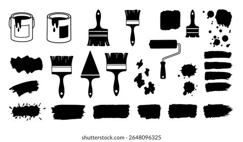 Paint brushes and dry stroke shapes - artistic tools silhouette pack - scalable vector illustrations for print, packaging, signage, or digital use