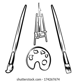 Paint brushes easel and palette color, art supplies for painting outline vector