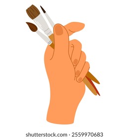 Paint brushes in hand. Art supplies and accessories, different painting and drawing bristle tools, artists stationery. Holding paintbrushes. Flat vector illustration isolated on white background