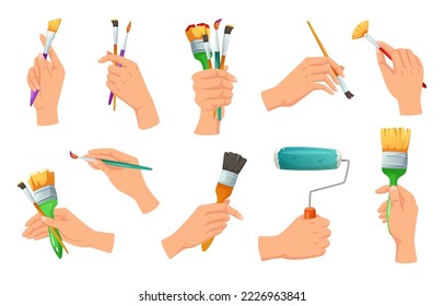Paint brushes in hands. Creative drawing, artwork studio workshop and artist hand holding painting tool cartoon vector set. Artists roller with watercolor, instruments for creativity