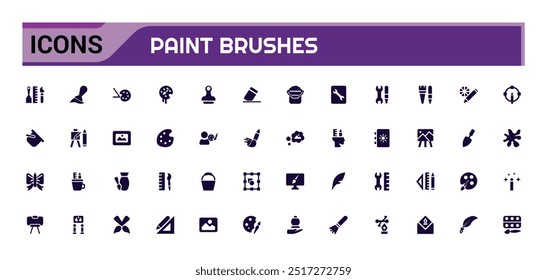 Paint brushes icon set. Related to spray, color palette, paint bucket and more. Filled icons vector illustration. Glyph icon set for web and ui. Editable stroke.