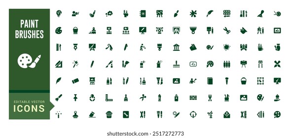 Paint brushes icon set. Related to spray, color palette, paint bucket and more. Filled icons vector illustration. Glyph icon set for web and ui. Editable stroke.