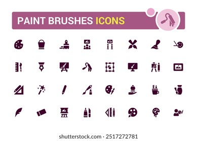 Paint brushes icon set. Related to spray, color palette, paint bucket and more. Filled icons vector illustration. Glyph icon set for web and ui. Editable stroke.