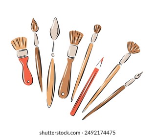 Paint brushes kit for drawing. Artist painting materials. Art supplies. Vector illustration isolated on white background