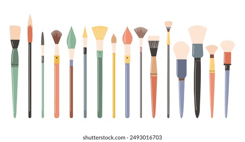 Paint brushes kit for drawing. Artist painting materials. Art supplies. Illustration, design elements