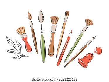 Paint brushes kit for drawing. Artist painting materials. Art supplies. Vector illustration isolated on white background