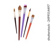 Paint brushes kit for drawing. Painting tools, art supplies. Thick and thin bristles set. Paintbrushes of different size, shape, type, kind. Flat vector illustration isolated on white background