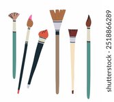 Paint brushes kit for drawing. Painting tools, art supplies. Thick and thin bristles set. Paintbrushes of different size, shape, type, kind. Flat vector illustration isolated on white background