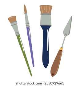 Paint brushes kit for drawing. Painting tools, art supplies. Thick and thin bristles set. Paintbrushes of different size, shape, type, kind. Flat vector illustration isolated on white background