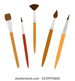 Paint brushes kit for drawing. Painting tools, art supplies. Paintbrushes of different size, shape, type, kind. Flat vector illustration isolated on white background