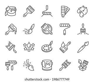 Paint brushes line icons. Color palette, Paint tin or bucket, Roller tool. Pantone samples, Dye quality, Creative art brush line icons. Finishing work, Painter tool and Dye color palette. Vector