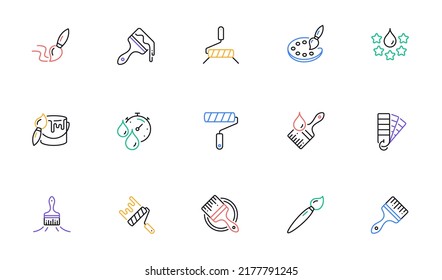 Paint brushes line icons. Color palette, Paint tin or bucket, Roller tool. Pantone samples, Dye quality, Creative art brush line icons. Finishing work, Painter tool and Dye color palette. Vector