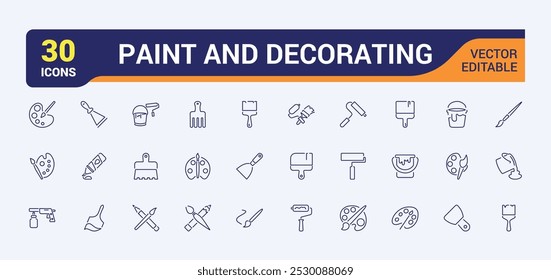 Paint brushes line icons. Set of Paint and decorating icon and painting tools. Color palette, Roller, Creative art brush, bucket. Vector illustration.