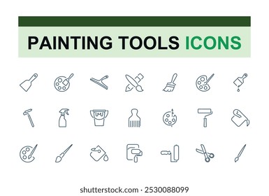 Paint brushes line icons. Set of Paint and decorating icon and painting tools. Color palette, Roller, Creative art brush, bucket. Vector illustration.