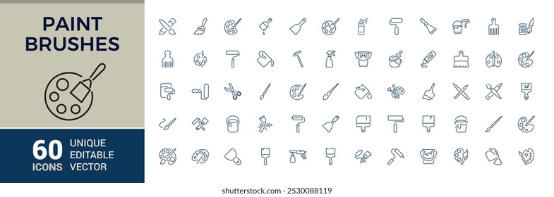 Paint brushes line icons. Set of Paint and decorating icon and painting tools. Color palette, Roller, Creative art brush, bucket. Vector illustration.