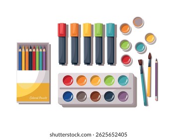 Paint brushes, paintbox watercolors crayons pencils on white background. Creative art work accessories tools supplies