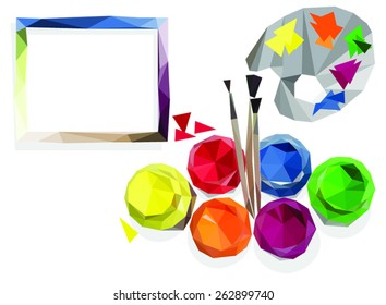 Paint with brushes and palette, Abstraction in the form of Low-Poly, blank cards