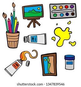 paint brushes and pencils in a glassб art set icons, doodle