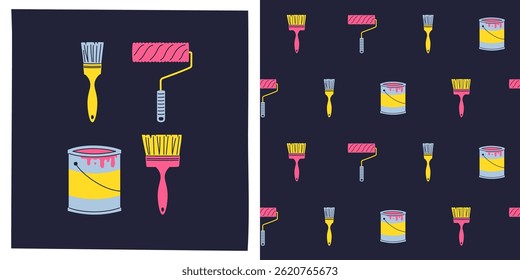 Paint brushes and roller, can of paint set and seamless pattern cartoon illustration. Painting work isolated vector wallpaper. Boundless endless background repeat work tool house repair design