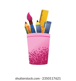 Paint brush,Pen, Pencils and ruler inside bucket isolated icon cartoon school stationery element student concept isolated vector illustration 
