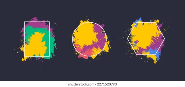 Paint Brushstroke Backgrounds. Abstract Colorful Splats with Geometric Frames. Dye Artistic Backdrops.