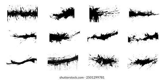Paint brushstroke ink lines for text. Black paint splattered in dirty style brushstroke grunge splash. Isolated black ink stencils for design. Ink brush strokes, hand drawn black sticker. Vector	