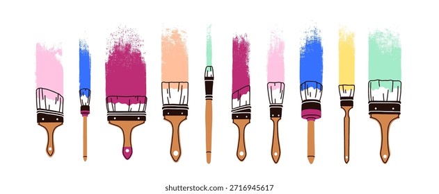 Pintura pinceladas conjunto. Pinceladas Abstractas, líneas de pincel gruesas y delgadas, manchas, texturas afligidas, marcas de cerdas. Revestimiento de color. Ilustración vectorial plana aislada sobre fondo blanco