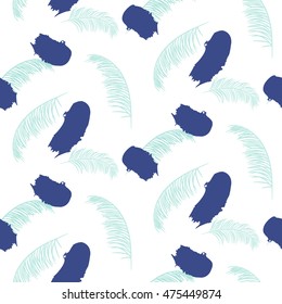 Paint brushstrokes strokes seamless blue vector pattern. Palm branches and brush smeas white bold background.
