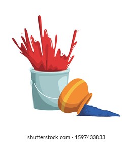 paint bucket and bowl with powder over white background, vector illustration