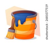 Paint bucket brush with can vector container for painter design. Paint bucket brush illustration shows isolated tool with blue drop for renovation, repair, decorating or construction work.