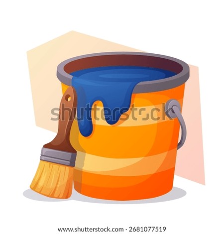 Paint bucket brush with can vector container for painter design. Paint bucket brush illustration shows isolated tool with blue drop for renovation, repair, decorating or construction work.