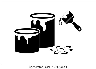 Paint in bucket and brush with drop icon isolated on white. Stencil for construction and repair. Vector stock illustration. EPS 10