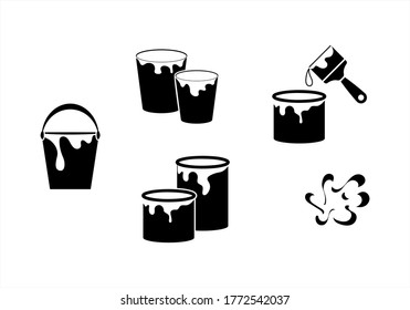 Paint in bucket and brush with drop icon isolated on white. Stencil for construction and repair. Vector stock illustration. EPS 10