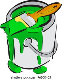 Paint bucket with brush green cartoon sketch vector illustration