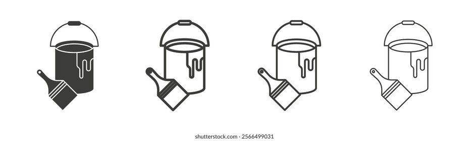 Paint bucket and paint brush icon flat and linear vector illustration on white background.