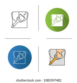 Paint bucket with brush icon. Interior design. Painting, dyeing. Flat design, linear and color styles. Isolated vector illustrations