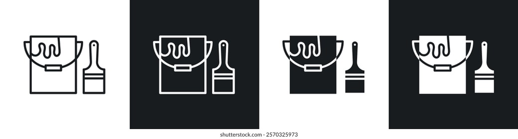 Paint bucket and paint brush icons vectors set in black. line and flat versions