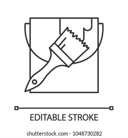 Paint bucket with brush linear icon. Thin line illustration. Interior design. Painting, dyeing. Contour symbol. Vector isolated outline drawing. Editable stroke