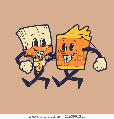 Paint bucket and paint brush mascot walking together. Retro vintage mascot illustration.