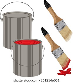 paint bucket and brush, bucket of red paint and a brush.