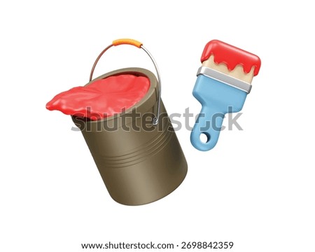 Paint Bucket and Brush with Red Paint icon render 3d illustration