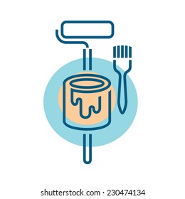 Paint bucket with brush and roller logo template. Lineart style.