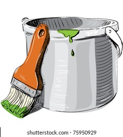 Paint bucket with brush sketch cartoon vector illustration