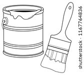 Paint bucket and a brush. Vector black and white coloring page.