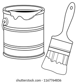 Paint bucket and a brush. Vector black and white coloring page.