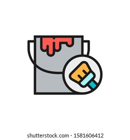 Paint bucket, paint can, paintbrush flat color line icon.