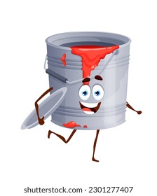 Paint bucket cartoon character, renovation works or construction and painting equipment, vector item. DIY carpentry, woodworking and reparation cartoon character of paint bucket with face