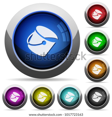Paint bucket icons in round glossy buttons with steel frames